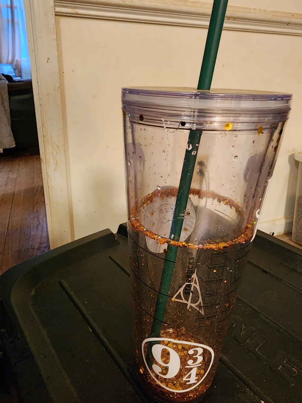 Starbucks Clear Tumbler with Gold Glitter and Green Logo